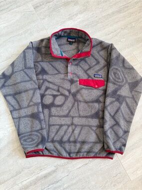 Patagonia Synchilla Snap-T Fleece Pullover Gray Red Abstract Print Men’s M